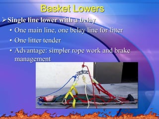 Basket Lowers
Single line lower with a belay
• One main line, one belay line for litter
• One litter tender
• Advantage: ...