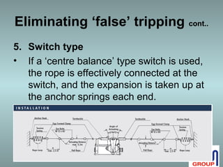 Eliminating ‘false’ tripping cont..
5. Switch type
• If a ‘centre balance’ type switch is used,
   the rope is effectively connected at the
   switch, and the expansion is taken up at
   the anchor springs each end.
 