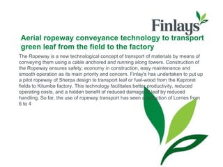 Aerial ropeway conveyance technology to transport
green leaf from the field to the factory
The Ropeway is a new technological concept of transport of materials by means of
conveying them using a cable anchored and running along towers. Construction of
the Ropeway ensures safety, economy in construction, easy maintenance and
smooth operation as its main priority and concern. Finlay's has undertaken to put up
a pilot ropeway of Sherpa design to transport leaf or fuel-wood from the Kaproret
fields to Kitumbe factory. This technology facilitates better productivity, reduced
operating costs, and a hidden benefit of reduced damage of leaf by reduced
handling. So far, the use of ropeway transport has seen a reduction of Lorries from
6 to 4

 