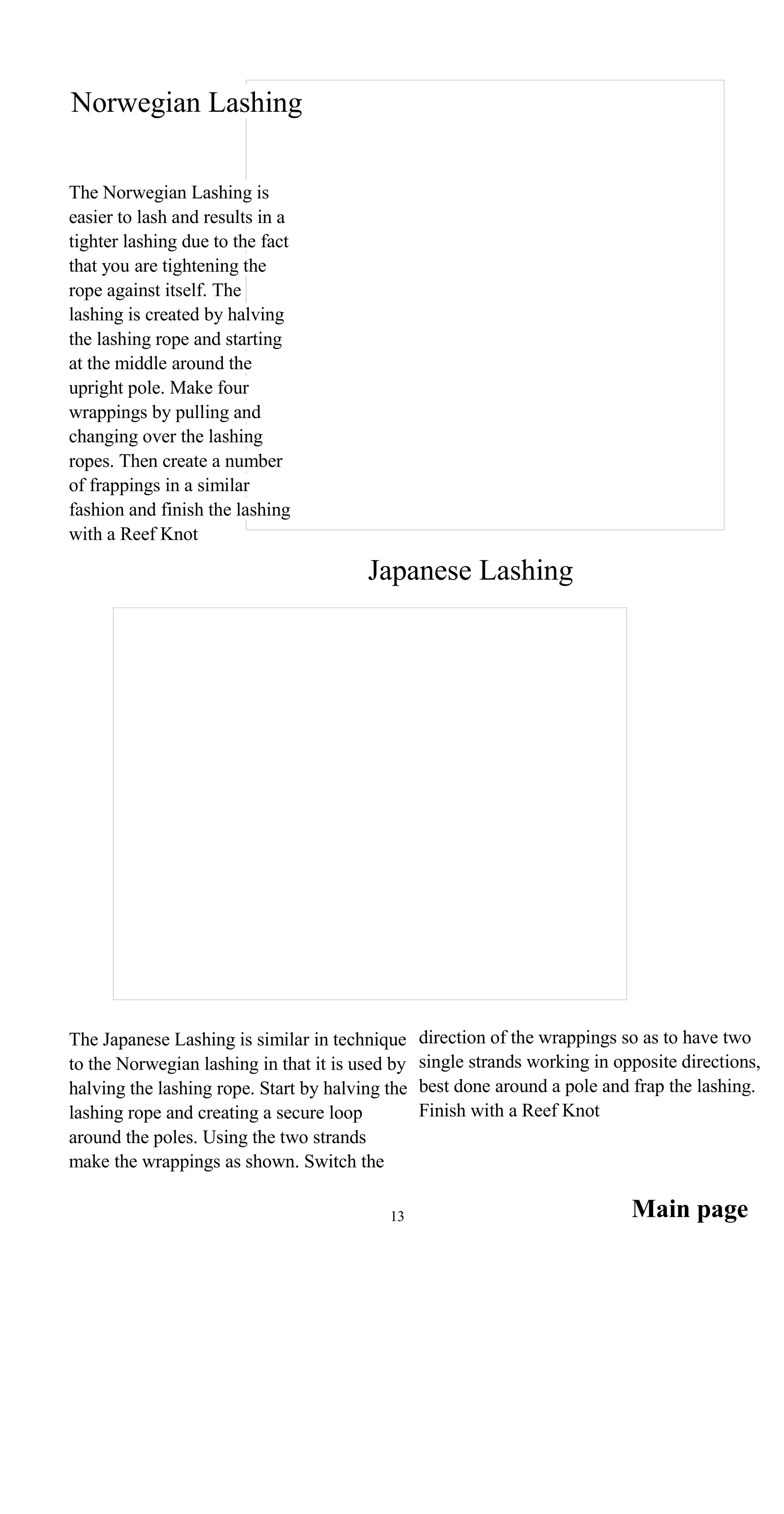 Norwegian Lashing
The Norwegian Lashing is
easier to lash and results in a
tighter lashing due to the fact
that you are tightening the
rope against itself. The
lashing is created by halving
the lashing rope and starting
at the middle around the
upright pole. Make four
wrappings by pulling and
changing over the lashing
ropes. Then create a number
of frappings in a similar
fashion and finish the lashing
with a Reef Knot
Japanese Lashing
direction of the wrappings so as to have twoThe Japanese Lashing is similar in technique
single strands working in opposite directions,to the Norwegian lashing in that it is used by
best done around a pole and frap the lashing.halving the lashing rope. Start by halving the
Finish with a Reef Knotlashing rope and creating a secure loop
around the poles. Using the two strands
make the wrappings as shown. Switch the
Main page13
 