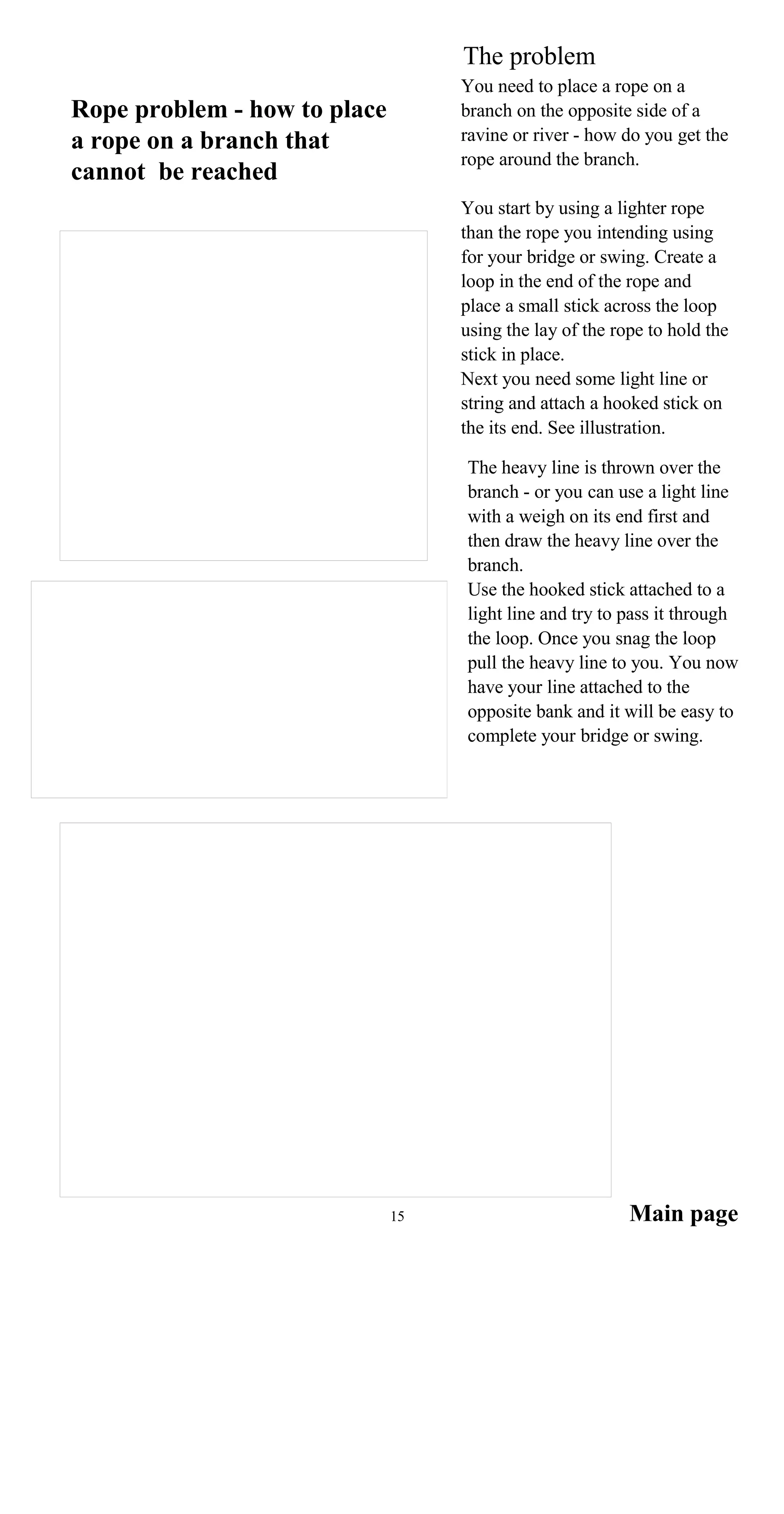 The problem
You need to place a rope on a
Rope problem - how to place branch on the opposite side of a
ravine or river - how do you get thea rope on a branch that
rope around the branch.
cannot be reached
You start by using a lighter rope
than the rope you intending using
for your bridge or swing. Create a
loop in the end of the rope and
place a small stick across the loop
using the lay of the rope to hold the
stick in place.
Next you need some light line or
string and attach a hooked stick on
the its end. See illustration.
The heavy line is thrown over the
branch - or you can use a light line
with a weigh on its end first and
then draw the heavy line over the
branch.
Use the hooked stick attached to a
light line and try to pass it through
the loop. Once you snag the loop
pull the heavy line to you. You now
have your line attached to the
opposite bank and it will be easy to
complete your bridge or swing.
Main page15
 