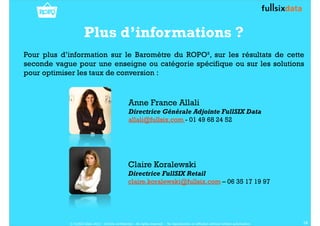 Plus d’informations ? 
Pour plus d’information sur le Baromètre du ROPO², sur les résultats de cette 
seconde vague pour une enseigne ou catégorie spécifique ou sur les solutions 
pour optimiser les taux de conversion : 
18 
Anne France Allali 
Directrice Générale Adjointe FullSIX Data 
allali@fullsix.com - 01 49 68 24 52 
Claire Koralewski 
Directrice FullSIX Retail 
claire.koralewski@fullsix.com – 06 35 17 19 97 
© FullSIX Data 2013 - Strictly confidential - All rights reserved - No reproduction or diffusion without written autorisation 
