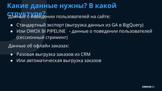 Какие данные нужны? В какой
структуре?Данные о поведении пользователей на сайте:
● Стандартный экспорт (выгрузка данных из GA в BigQuery)
● Или OWOX BI PIPELINE - данные о поведении пользователей
(сессионный стриминг)
Данные об офлайн заказах:
● Разовая выгрузка заказов из CRM
● Или автоматическая выгрузка заказов
 