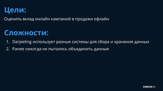 Цели:
Оценить вклад онлайн кампаний в продажи офлайн
Сложности:
1. Darjeeling использует разные системы для сбора и хранения данных
2. Ранее никогда не пытались объединить данные
 