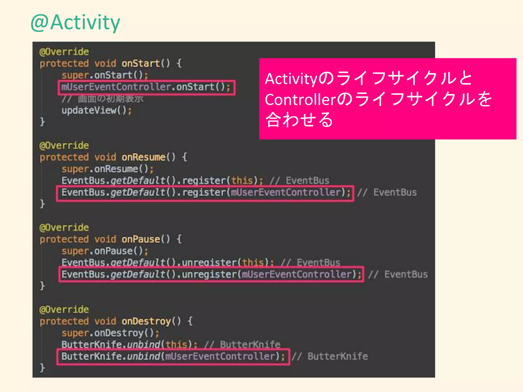 @Activity
Activityのライフサイクルと
Controllerのライフサイクルを
合わせる
 