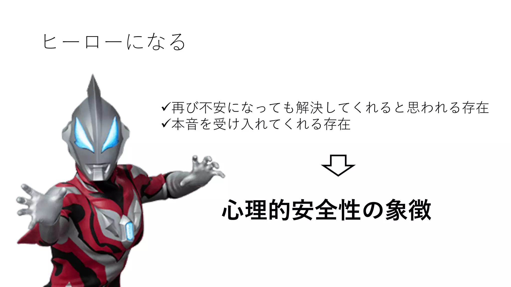 ヒーローになる
ü再び不安になっても解決してくれると思われる存在
ü本⾳を受け⼊れてくれる存在
⼼理的安全性の象徴
 