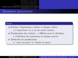 Paradigme mono-critére
Paradigme multicritère
Type de problématique
Processus de décision multicritère
Analyse des conséquences et détermination des critères
Méthodes multicritères
Paramétre intercritéres :
Poids :
Évaluer l’importance relative a chaque critère.
L’importance vis à vis des autres critères.
Pondération des critères → difficile pour le décideur.
Utilisation des expressions en langage naturel .
Méthodes de pondération .
"carte de simos" et "échelle de saaty".
OUMSIK Ouiam et KHRISS Abdelaadim Méthodes multicritères d’optimisation 25 / 42
 