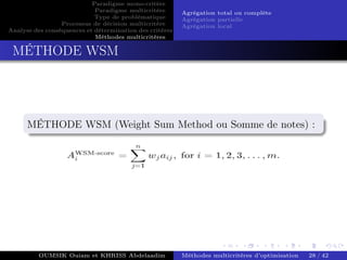 Paradigme mono-critére
Paradigme multicritère
Type de problématique
Processus de décision multicritère
Analyse des conséquences et détermination des critères
Méthodes multicritères
Agrégation total ou complète
Agrégation partielle
Agrégation local
MÉTHODE WSM
MÉTHODE WSM (Weight Sum Method ou Somme de notes) :
OUMSIK Ouiam et KHRISS Abdelaadim Méthodes multicritères d’optimisation 28 / 42
 