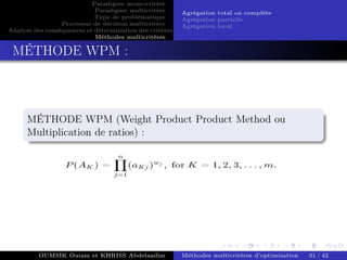 Paradigme mono-critére
Paradigme multicritère
Type de problématique
Processus de décision multicritère
Analyse des conséquences et détermination des critères
Méthodes multicritères
Agrégation total ou complète
Agrégation partielle
Agrégation local
MÉTHODE WPM :
MÉTHODE WPM (Weight Product Product Method ou
Multiplication de ratios) :
OUMSIK Ouiam et KHRISS Abdelaadim Méthodes multicritères d’optimisation 31 / 42
 