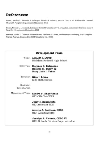 16
References:
Bryant, Merden L., Leonides E. Bulalayao, Melvin M. Callanta, Jerry D. Cruz, et al. Mathematics Learner’s
Material 9. Pasig City: Department of Education, 2014.
Bryant, Merden L., Leonides E. Bulalayao, Melvin M. Callanta, Jerry D. Cruz, et al. Mathematics Teachers Guide 9.
Pasig City: Department of Education, 2014
Bernabe, Julieta G., Soledad Jose-Dilao and Fernando B Orines, Quadrilaterals Geometry, 1251 Gregorio
Araneta Avenue, Quezon City: SD Publications Inc., 2009.
Development Team
Writer: ANALIZA S. LAPAD
Diplahan National High School
Editor/QA: Eugenio E. Balasabas
Ressme M. Bulay-og
Mary Jane I. Yeban
Reviewer: Gina I. Lihao
EPS-Mathematics
Illustrator:
Layout Artist:
Management Team: Evelyn F. Importante
OIC-CID Chief EPS
Jerry c. Bokingkito
OIC-Assistant SDS
Aurelio A. Santisas, CESE
OIC- Assistant SDS
Jenelyn A. Aleman, CESO VI
OIC- Schools Division Superintendent
 