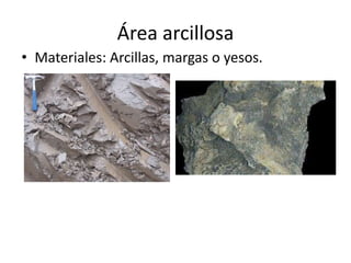 Área arcillosa
• Materiales: Arcillas, margas o yesos.
 
