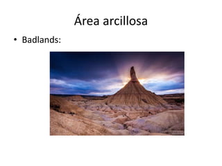 Área arcillosa
• Badlands:
 