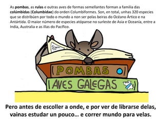 Pero antes de escoller a onde, e por ver de librarse delas,
vainas estudar un pouco… e correr mundo para velas.
As pombas, as rulas e outras aves de formas semellantes forman a familia das
colúmbidas (Columbidae) do orden Columbiformes. Son, en total, unhas 320 especies
que se distribúen por todo o mundo a non ser polas beiras do Océano Ártico e na
Antártida. O maior número de especies atópanse no surleste de Asia e Oceanía, entre a
India, Australia e as illas do Pacífico.
 