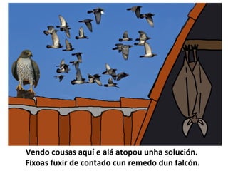 Vendo cousas aquí e alá atopou unha solución.
Fíxoas fuxir de contado cun remedo dun falcón.
 