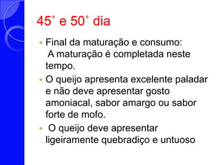 45˚ e 50˚ diaFinal da maturação e consumo: A maturação é completada neste tempo. O queijo apresenta excelente paladar e não deve apresentar gosto amoniacal, sabor amargo ou sabor forte de mofo. O queijo deve apresentar ligeiramente quebradiço e untuoso