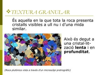 TEXTURA GRANULAR
      És aquella en la que tota la roca presenta
      cristalls visibles a ull nu i d’una mida
      similar.

                                                     Això és degut a
                                                     una cristal·lit-
                                                     zació lenta i en
                                                     profunditat.



(Roca plutònica vista a través d’un microscòpi pretrogràfic)
 