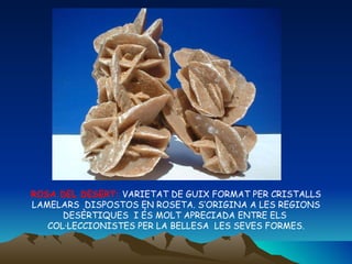 ROSA DEL DESERT:  VARIETAT DE GUIX FORMAT PER CRISTALLS LAMELARS  DISPOSTOS EN ROSETA. S’ORIGINA A LES REGIONS DESÈRTIQUES  I ÉS MOLT APRECIADA ENTRE ELS  COL·LECCIONISTES PER LA BELLESA  LES SEVES FORMES. 