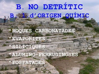 B. NO DETRÍTIC
B. 1.d’ORIGEN QUÍMIC
•ROQUES CARBONATADES
•EVAPORITES
•SILÍCIQUES
•ALUMINO-FERRUGINOSES
•FOSFATADES
 