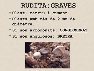 RUDITA:GRAVES
• Clast, matriu i ciment.
• Clasts amb més de 2 mm de
diàmetre.
• Si són arrodonits: CONGLOMERAT
• Si són angulosos: BRETXA
Fotos antigues 065.gif
 