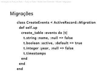 Introdução ao Ruby on Rails > Ruby on Rails > Model View Controller > Model > Migrações




           Migrações
                   class CreateEvents < ActiveRecord::Migration
                      def self.up
                         create_table :events do |t|
                            t.string :name, :null => false
                            t.boolean :active, :default => true
                            t.integer :year, :null => false
                            t.timestamps
                         end
                      end
                   end
 