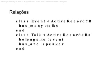 Relações class Event < ActiveRecord::Base has_many :talks end class Talk < ActiveRecord::Base belongs_to :event has_one :s...