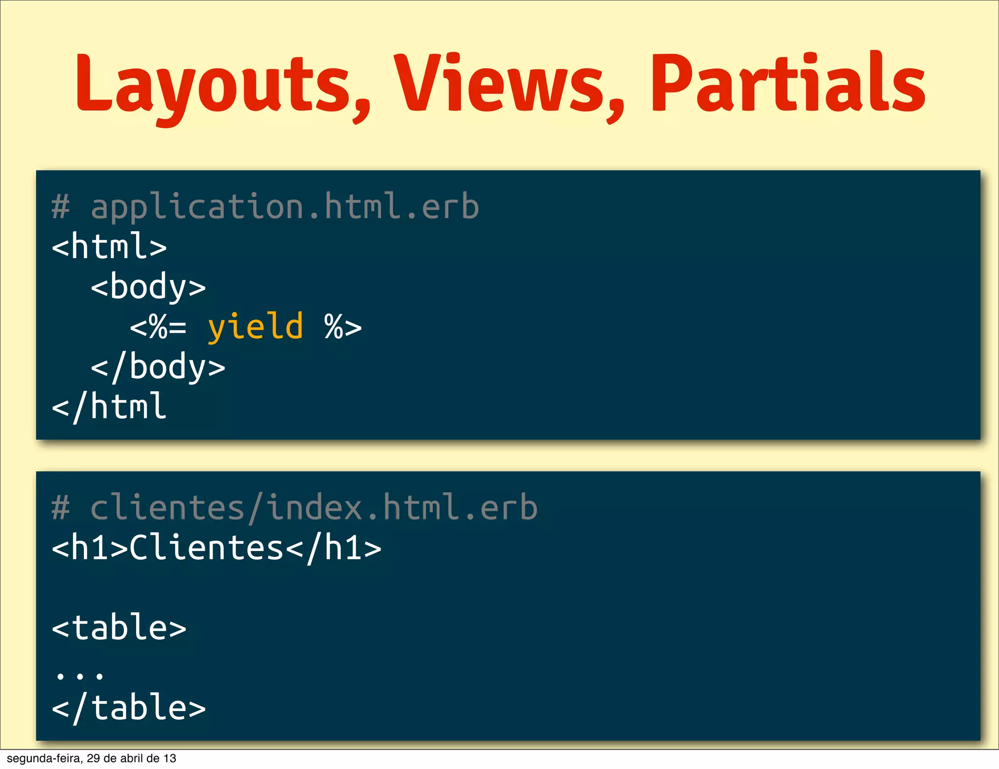 Layouts, Views, Partials # application.html.erb <html> <body> <%= yield %> </body> </html # clientes/index.html.erb <h1>Clientes</h1> <table> ... </table> segunda-feira, 29 de abril de 13 