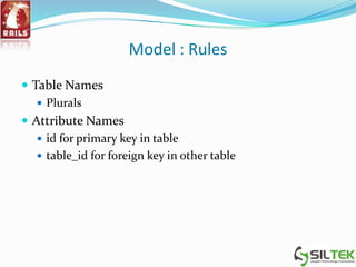 Model : Rules
 Table Names
 Plurals
 Attribute Names
 id for primary key in table
 table_id for foreign key in other table
 
