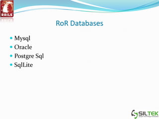 RoR Databases
 Mysql
 Oracle
 Postgre Sql
 SqlLite
 
