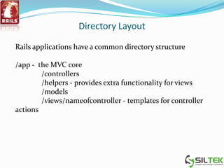Directory Layout
Rails applications have a common directory structure
/app - the MVC core
/controllers
/helpers - provides...