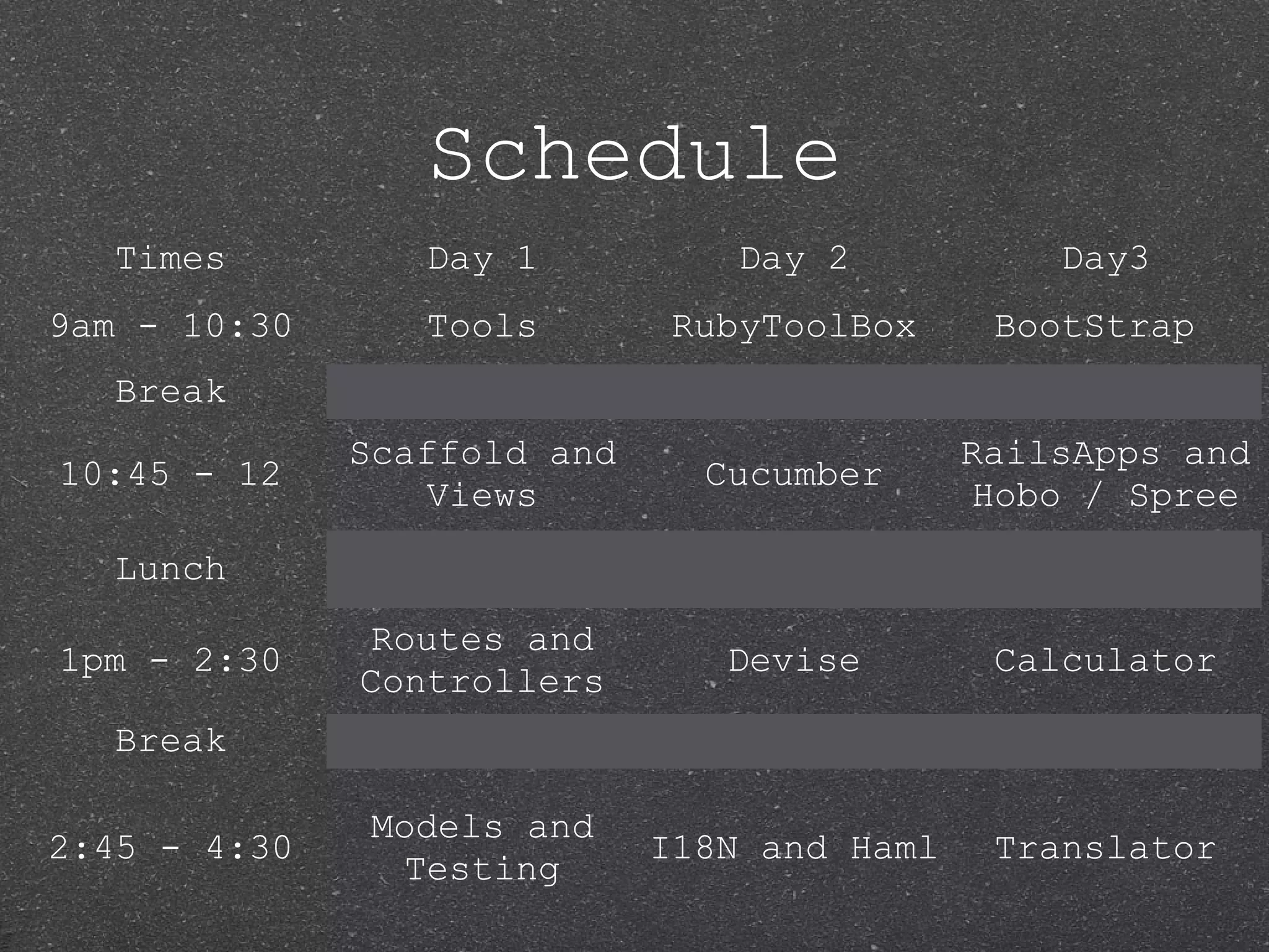 Schedule Times Day 1 Day 2 Day3 9am - 10:30 Tools RubyToolBox BootStrap Break Scaffold and RailsApps and 10:45 - 12 Cucumber Views Hobo / Spree Lunch Routes and 1pm - 2:30 Devise Calculator Controllers Break Models and 2:45 - 4:30 I18N and Haml Translator Testing 