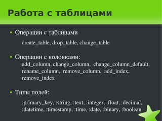 Работа с таблицами
    ●   Операции с таблицами
          create_table, drop_table, change_table

    ●   Операции с колонками:
          add_column, change_column,  change_column_default, 
          rename_column,  remove_column,  add_index,  
          remove_index

    ●   Типы полей:
          :primary_key, :string, :text, :integer, :float, :decimal, 
          :datetime, :timestamp, :time, :date, :binary, :boolean
                                       
 