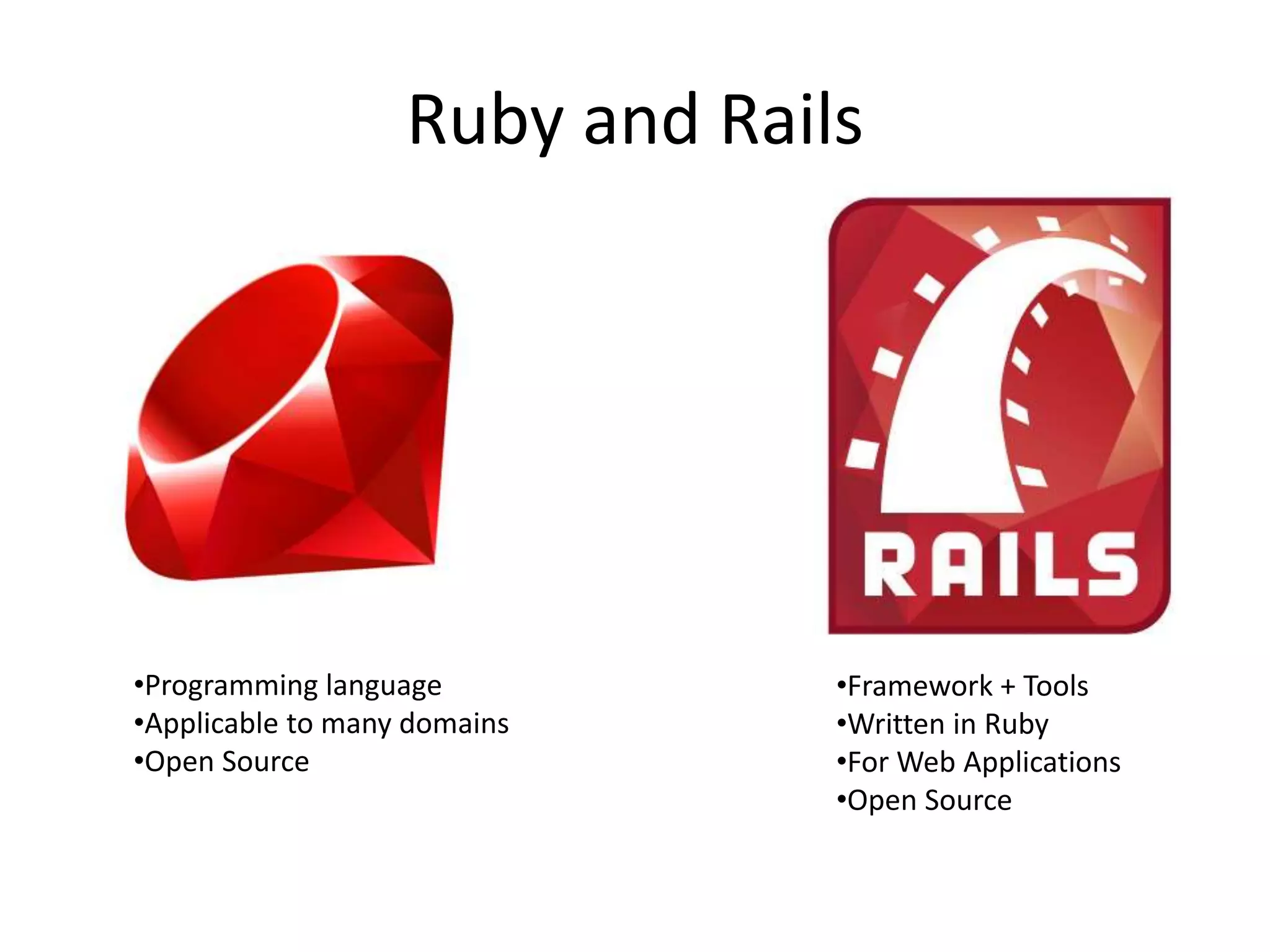 Ruby and Rails
•Programming language
•Applicable to many domains
•Open Source
•Framework + Tools
•Written in Ruby
•For Web Applications
•Open Source
 