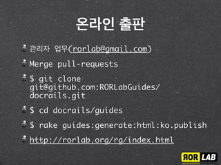 fork
fork
lifo/docrails
Official Document Repository
RORLabGuides/docrails
RORLab Guides Repository
<gh_user_id>/docrails
Individual Repository
remote
remote
remote
clone
local
repository
clone
local
repository
manager
translator
Hierarchy of
Repository
 