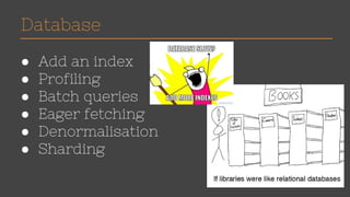 Database 
● Add an index 
● Profiling 
● Batch queries 
● Eager fetching 
● Denormalisation 
● Sharding 
 