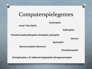 Computerspielegenres
                                         Actionspiele
        Jump´n Run-Spiele
                                                         Rollenspiele

Virtuelle Gesellschaftsspiele, Denkspiele, Quizspiele
                                                                 Shooter
                                             Sportspiele
         Abenteuerspiele/ Adventure
                                                        Simulationsspiele


 Strategiespiele, z.B. Aufbaustrategiespiele, Managementspiele
 