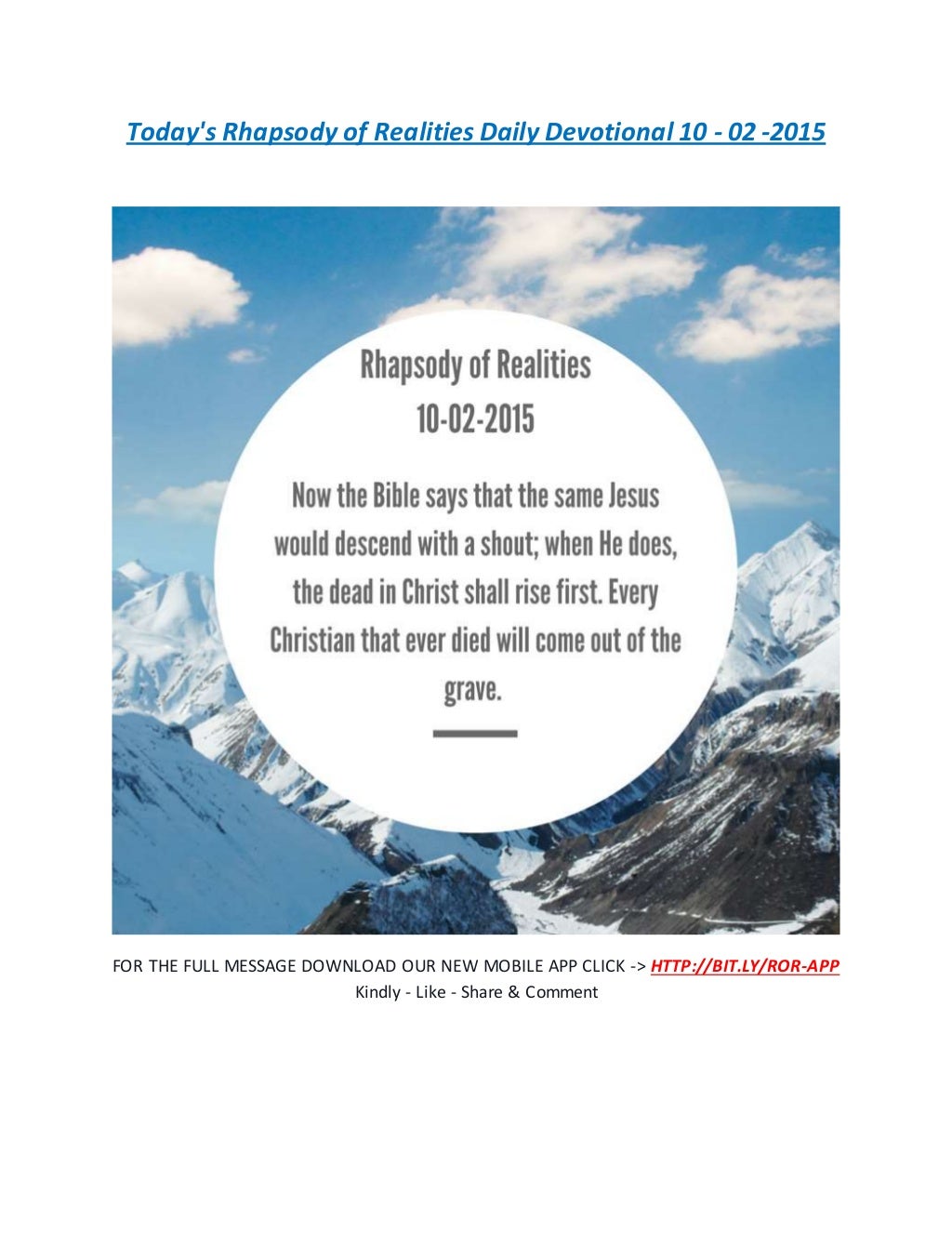 Today's Rhapsody of Realities Daily Devotional 10 02 2015