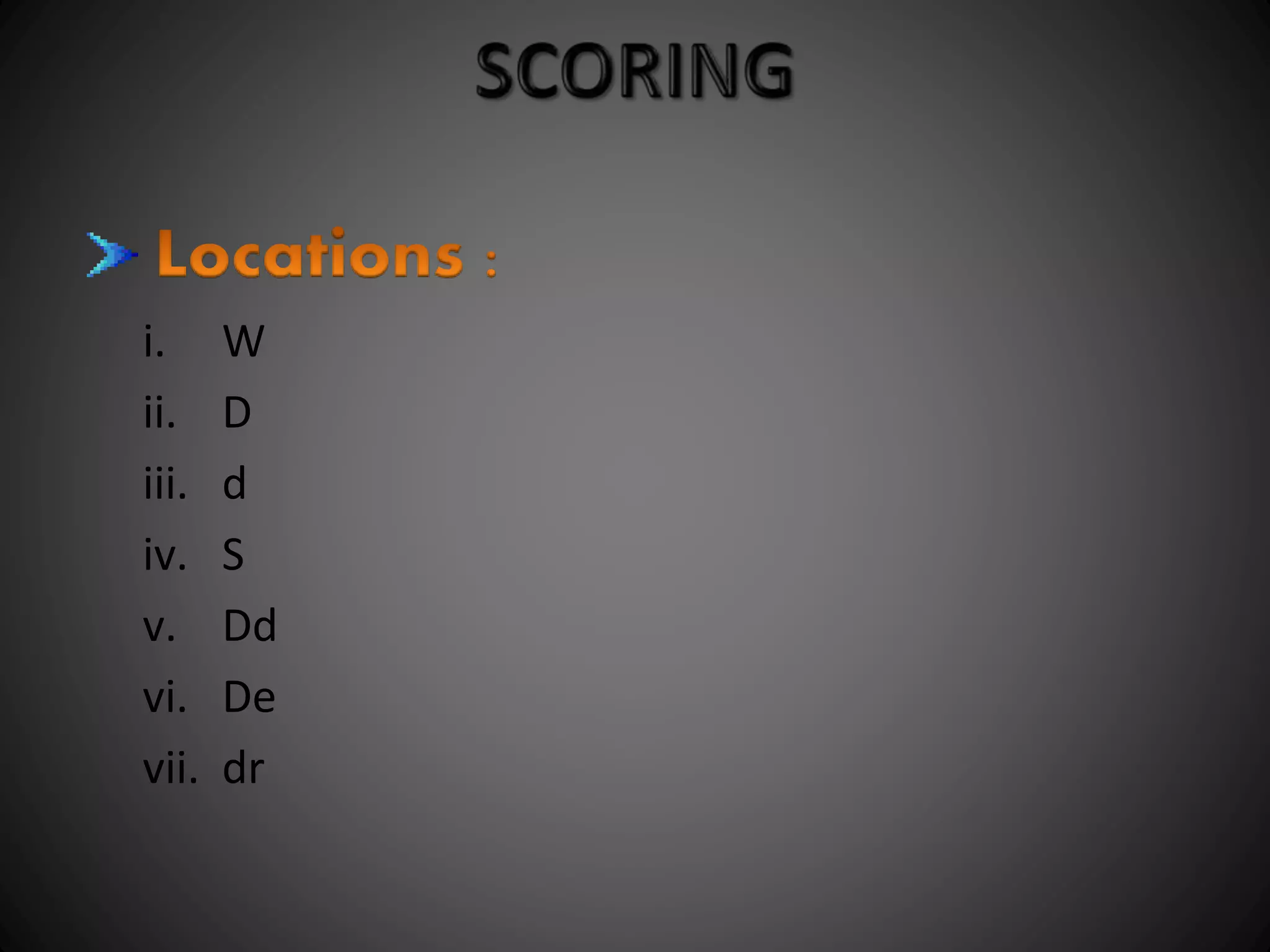 i. W 
ii. D 
iii. d 
iv. S 
v. Dd 
vi. De 
vii. dr 
 