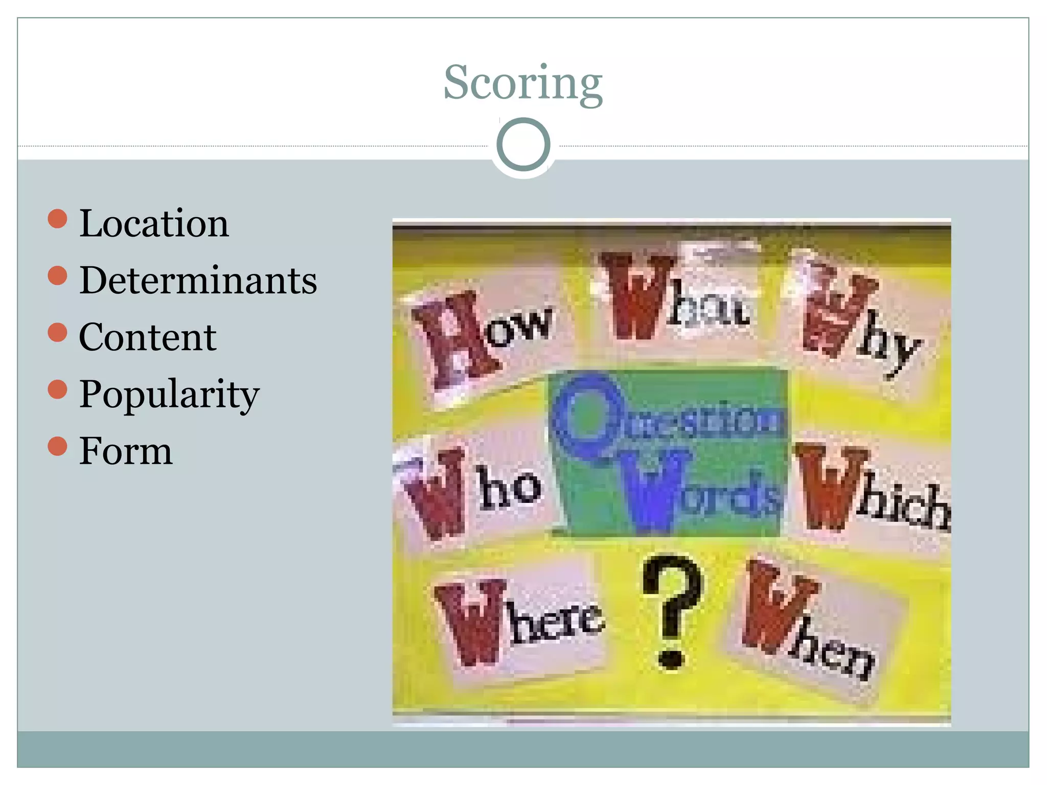 Scoring
Location
Determinants
Content
Popularity
Form
 