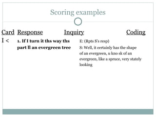Scoring examples
Card Response Inquiry Coding
I < 1. If I turn it ths way ths E: (Rpts S’s resp)
part ll an evergreen tree S: Well, it certainly has the shape
of an evergreen, u kno sk of an
evergreen, like a spruce, very stately
looking
 
