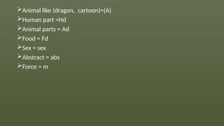 Animal like (dragon, cartoon)=(A)
Human part =Hd
Animal parts = Ad
Food = Fd
Sex = sex
Abstract = abs
Force = m
 