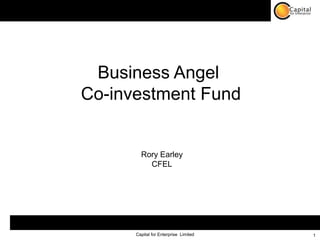 Business Angel
Co-investment Fund


        Rory Earley
          CFEL




      Capital for Enterprise Limited   1
 
