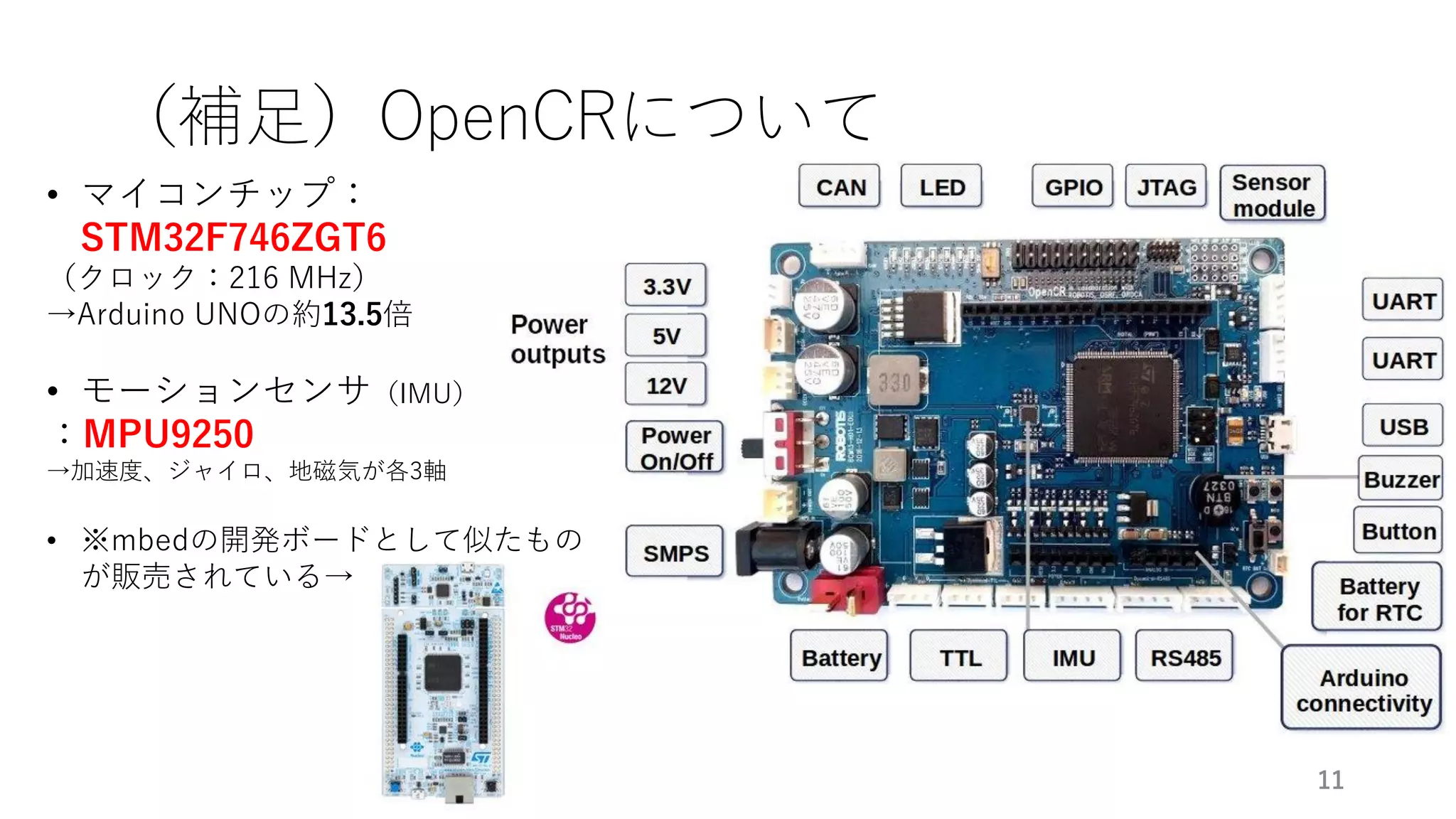 （補足）OpenCRについて
11
• マイコンチップ：
STM32F746ZGT6
（クロック：216 MHz）
→Arduino UNOの約13.5倍
• モーションセンサ（IMU）
：MPU9250
→加速度、ジャイロ、地磁気が各3軸
• ※mbedの開発ボードとして似たもの
が販売されている→
 