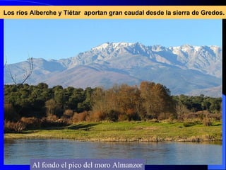Los ríos Alberche y Tiétar  aportan gran caudal desde la sierra de Gredos. Al fondo el pico del moro Almanzor 