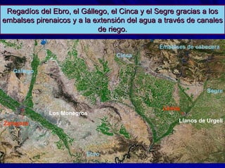 Regadíos del Ebro, el Gállego, el Cinca y el Segre gracias a los embalses pirenaicos y a la extensión del agua a través de canales de riego. Gállego Zaragoza Ebro Embalses de cabecera Cinca Segre Llanos de Urgell Los Monegros Lérida 