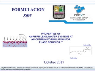 Octubre 2017
**by Maurice Bourrel, Jean-Louis Salager*, Andrew M. Lipow, W. H. Wade, and R. S. Schechter, Members SPE AIME, University of
Texas at Austin.*Universidad de los Andes
FORMULACION
S0W
PROPERTIES OF
AMPHIPHILE/OIL/WATER SYSTEMS AT
AN OPTIMUM FORMULATION-FOR
PHASE BEHAVIOR **
 