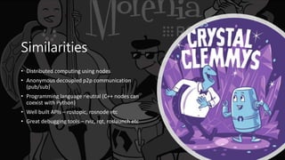 Similarities
• Distributed computing using nodes
• Anonymous decoupled p2p communication
(pub/sub)
• Programming language neutral (C++ nodes can
coexist with Python)
• Well built APIs – rostopic, rosnode etc
• Great debugging tools – rviz, rqt, roslaunch etc
 