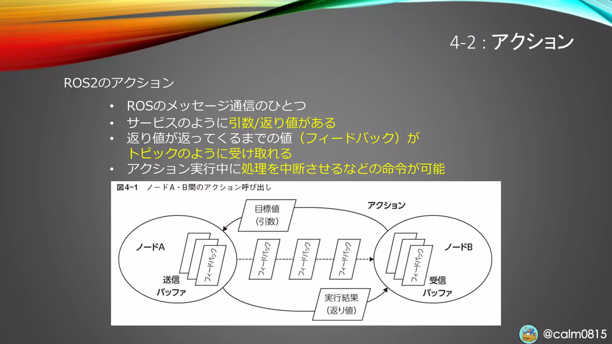 @calm0815@calm0815
4-2 : アクション
ROS2のアクション
• ROSのメッセージ通信のひとつ
• サービスのように引数/返り値がある
• 返り値が返ってくるまでの値（フィードバック）が
トピックのように受け取れる
• アクション実行中に処理を中断させるなどの命令が可能
 