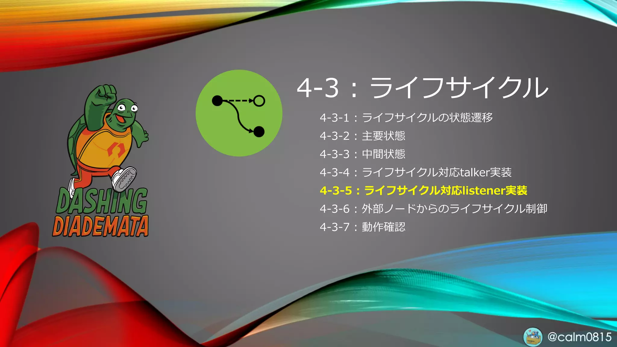 @calm0815
4-3-1 : ライフサイクルの状態遷移
4-3-2 : 主要状態
4-3-3 : 中間状態
4-3-4 : ライフサイクル対応talker実装
4-3-5 : ライフサイクル対応listener実装
4-3-6 : 外部ノードからのライフサイクル制御
4-3-7 : 動作確認
4-3 : ライフサイクル
 