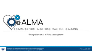 This project has received funding from the European Union's Horizon 2020
research and innovation programme under grant agreement No 952091.
February 28, 2022
HUMAN CENTRIC ALGEBRAIC MACHINE LEARNING
-Integration of AI in ROS 2 ecosystem-
ALMA
 