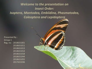 Welcome to the presentation on
Insect Order:
Isoptera, Mantodea, Embiidina, Phasmatodea,
Coleoptera and Lepidoptera
Presented By :
Group-1
Reg. no : 2018631001
2018631011
2018631013
2018631014
2018631018
2018631044
2018631055
2017631036
 
